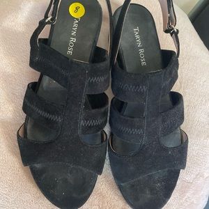 Taryn Rose Black Open Toe Sandals Strap Look Size 8M Suede Non-Slip Sole